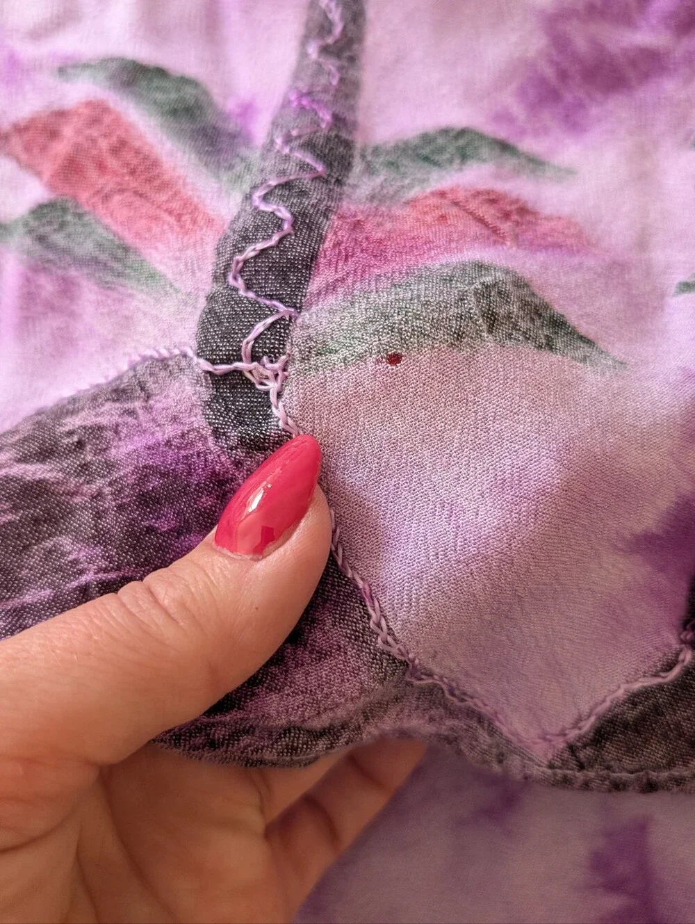 Vintage Pink & Purple Tie Dye Palm Tree Embroidered Flowy Sleeveless Shirt, OS - Picture 11 of 12